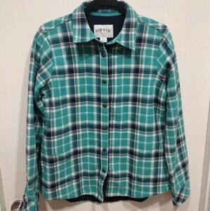 Orvis Women's Teal Plaid Fleece Lined Snap Front Shirt Jacket Shacket M Gorpcore